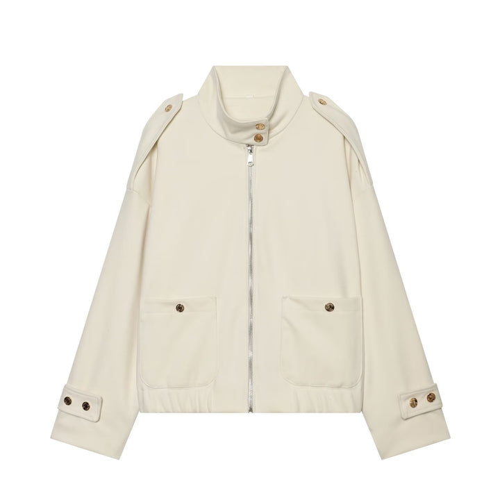 Women Cropped Utility Jacket with high collar, shoulder epaulettes and flap pockets