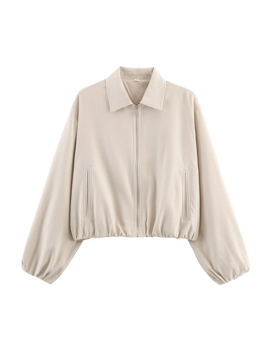 Women's Cropped Bomber Jacket with Full Zip, Wide Balloon Sleeves, and Elastic Hem Mune Fashion