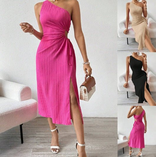 Women One-sided cut midi dress with ribbed texture, cut-out and side slit Mune Fashion