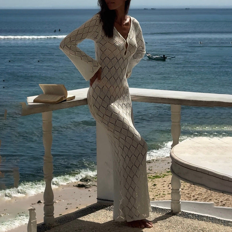 Women's crocheted maxi dress with deep V-neck and wide sleeves Mune Fashion