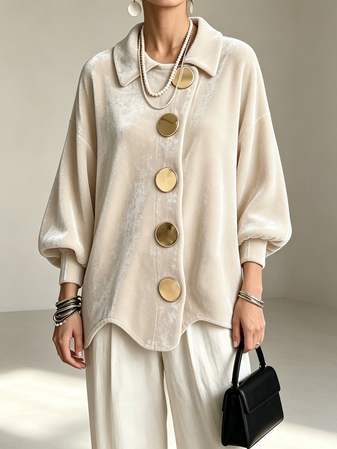 Women's Oversized Velvet Jacket with Large Decorative Buttons and Balloon Sleeves Mune Fashion