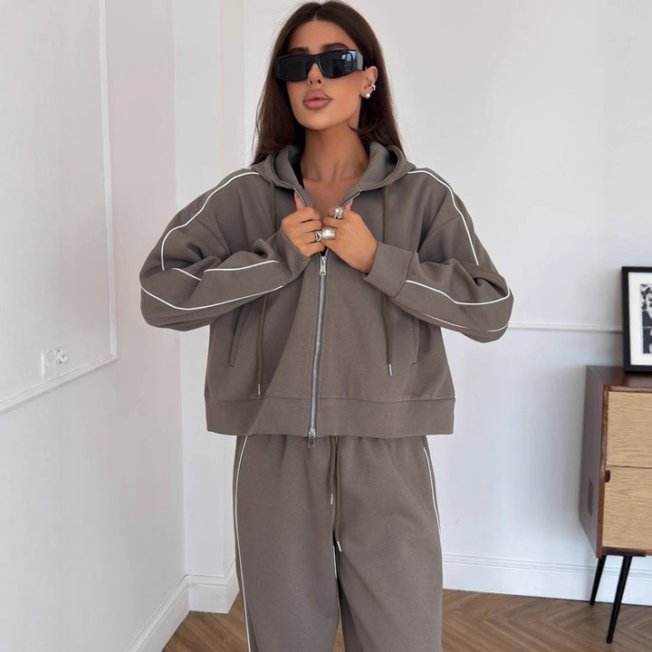 Women's Casual Two-Piece Lounge Set with Oversized Zip Jacket and Wide Drawstring Pants Waist Mune Fashion