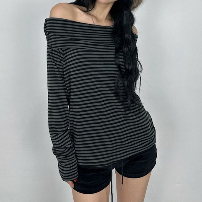Women's off-the-shoulder long-sleeve shirt with Carmen neckline, tailored fit and fine stripe pattern Mune Fashion