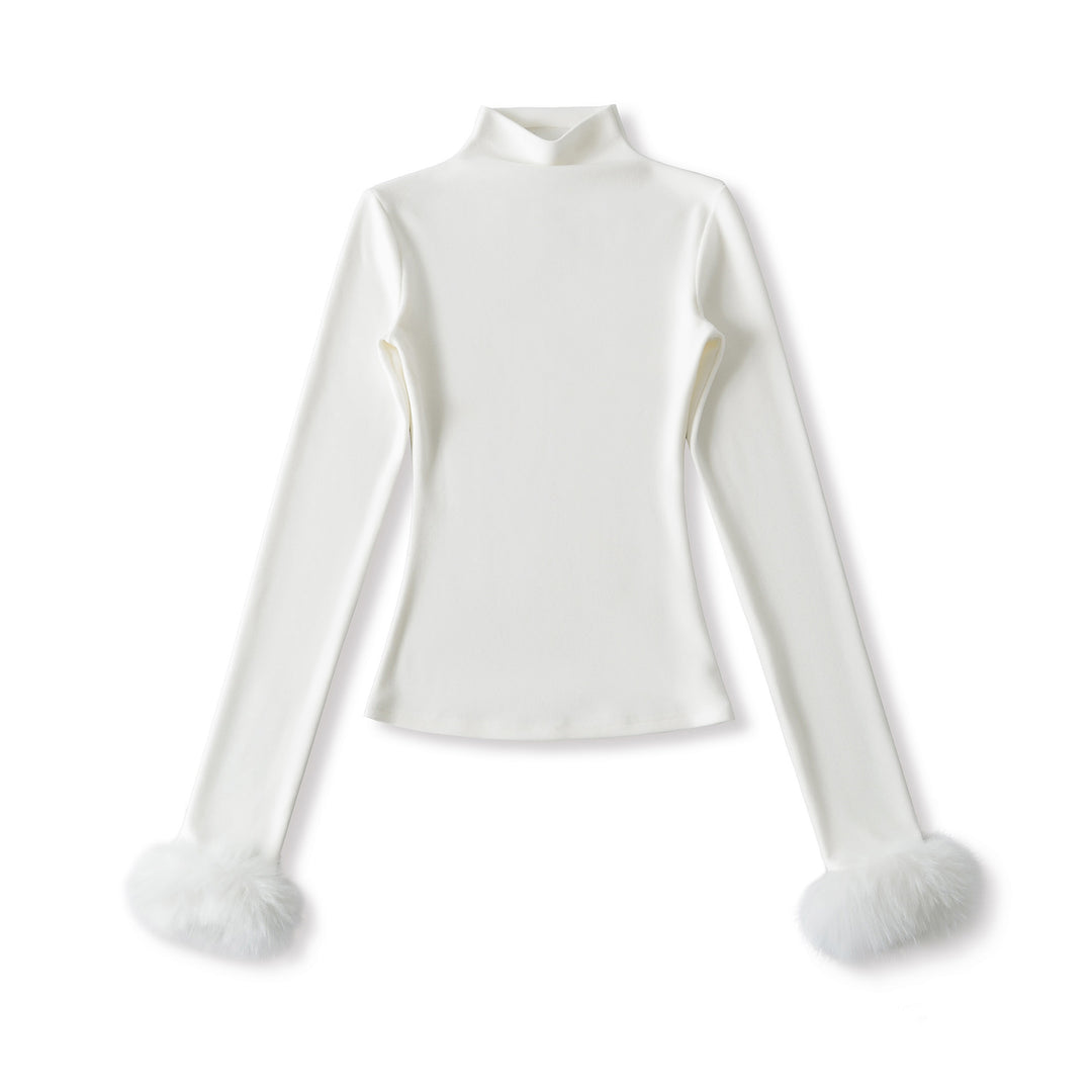 Women's Fitted Turtleneck Top with Faux Fur Cuffs Mune Fashion