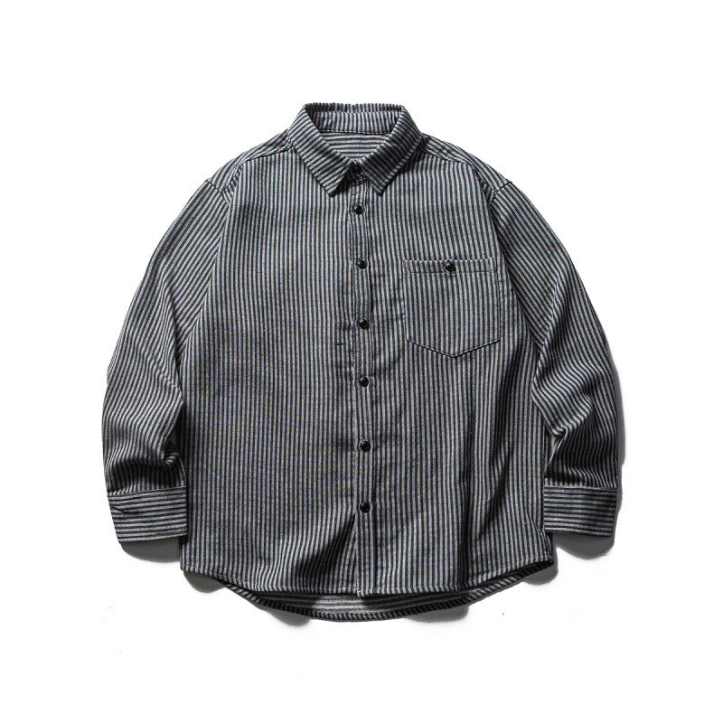 Men's loose-fitting striped cotton blend shirt with chest pocket and extended back Mune Fashion