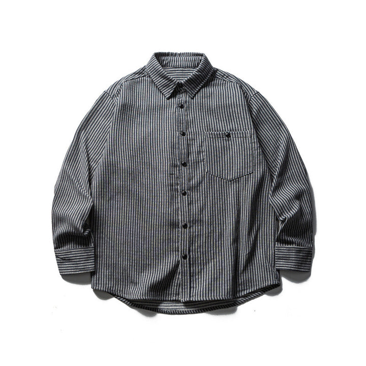 Men's loose-fitting striped cotton blend shirt with chest pocket and extended back Mune Fashion