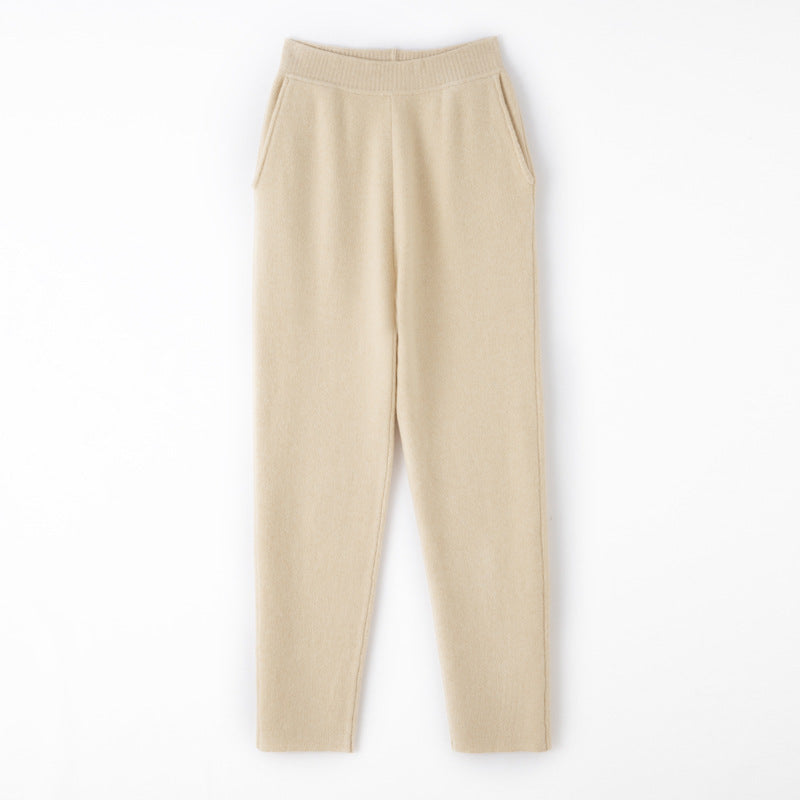 Women Cashmere-Optic Knit Pants with Elastic Waistband, Conical Silhouette and Side Pockets Mune Fashion