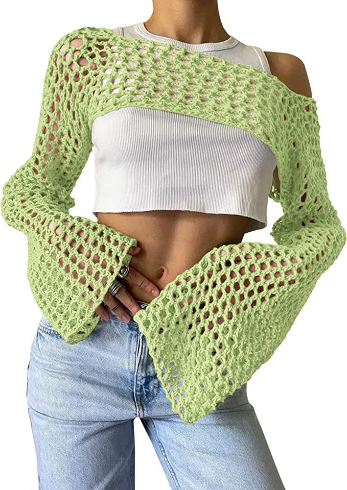 Women's Crocheted Long Sleeve Top with Off-Shoulder Design Mune Fashion