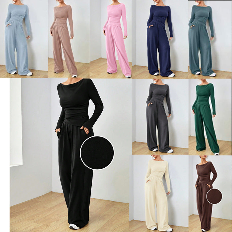 Women's Casual Two-Piece Lounge Set with Boat Neck, Tailored Draping and Wide Palazzo Pants Mune Fashion