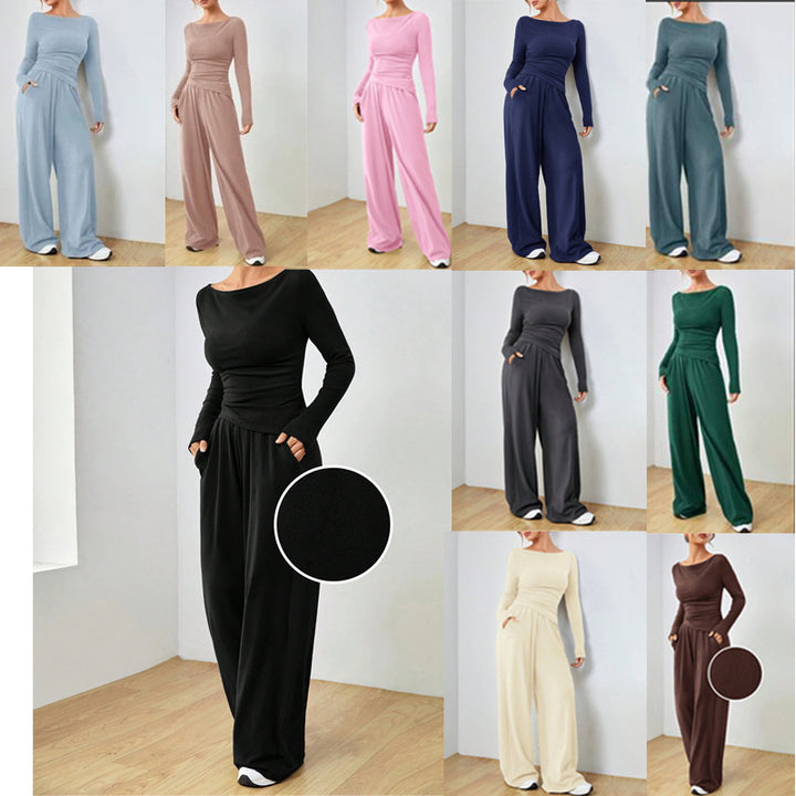 Women's Casual Two-Piece Lounge Set with Boat Neck, Tailored Draping and Wide Palazzo Pants Mune Fashion