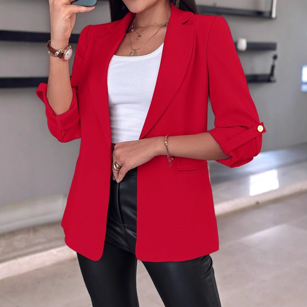 Women's tailored long blazer with lapel, rolled-up sleeves, and hidden side pockets Mune Fashion