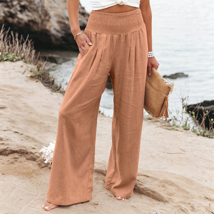 Women's Wide Linen Pants with Smocked Band and Side Pockets Mune Fashion