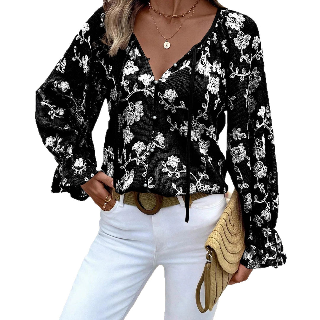 Women's V-Neck Blouse with Floral Embroidery, Pearl Button Placket and Balloon Sleeves Mune Fashion