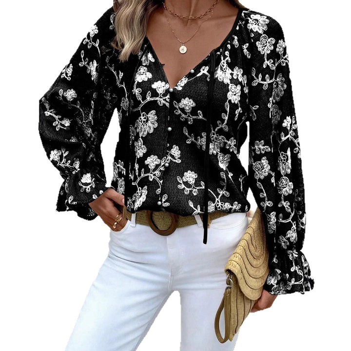 Women's V-Neck Blouse with Floral Embroidery, Pearl Button Placket and Balloon Sleeves Mune Fashion