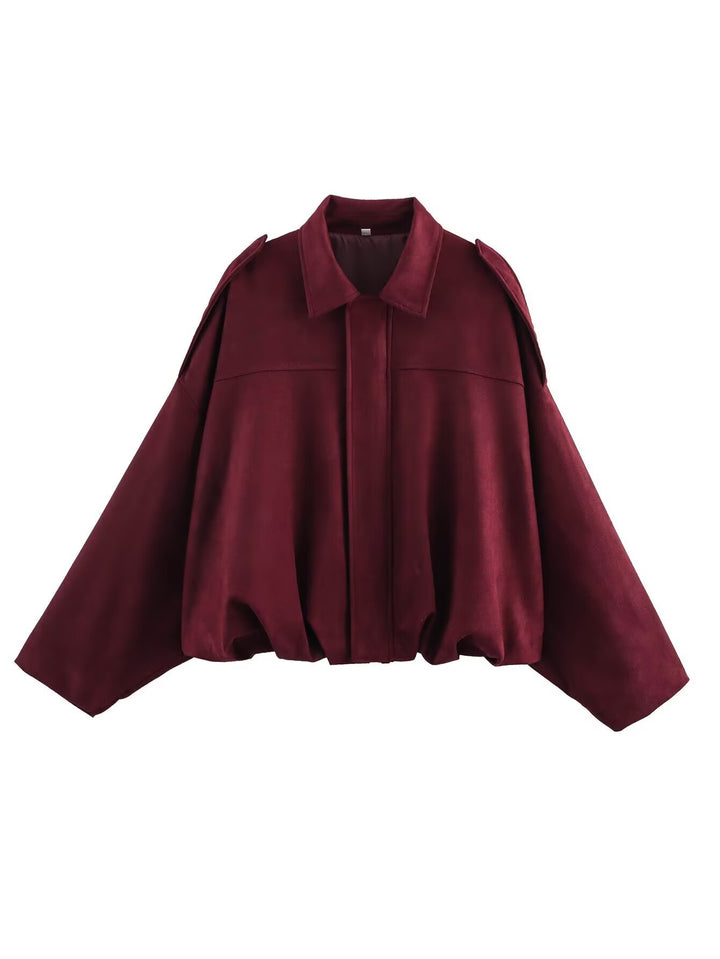 Women's short-cut bomber jacket in suede look with dropped shoulders, epaulettes, and elastic hem Mune Fashion