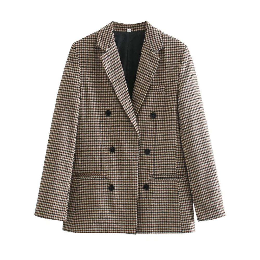 Women's Double-Breasted Houndstooth Blazer with Oversized Cut and Lapel Collar Mune Fashion