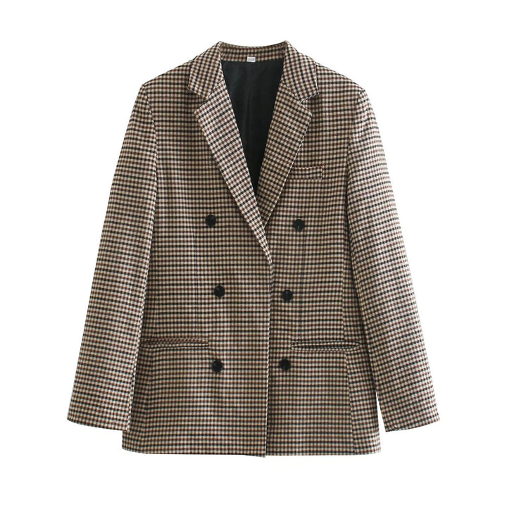 Women's Double-Breasted Houndstooth Blazer with Oversized Cut and Lapel Collar Mune Fashion