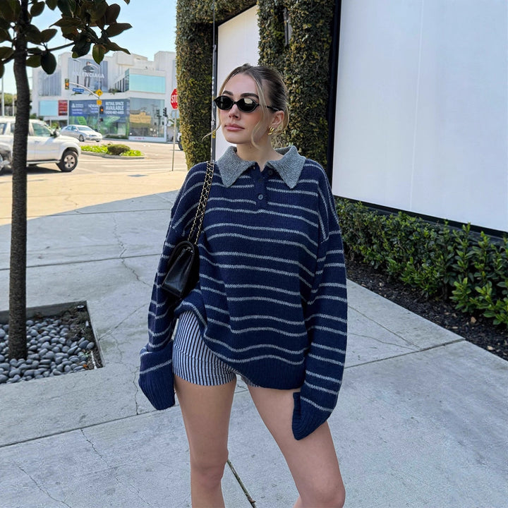 Women's Oversized Knit Sweater with Polo Collar & Stripe Pattern Mune Fashion