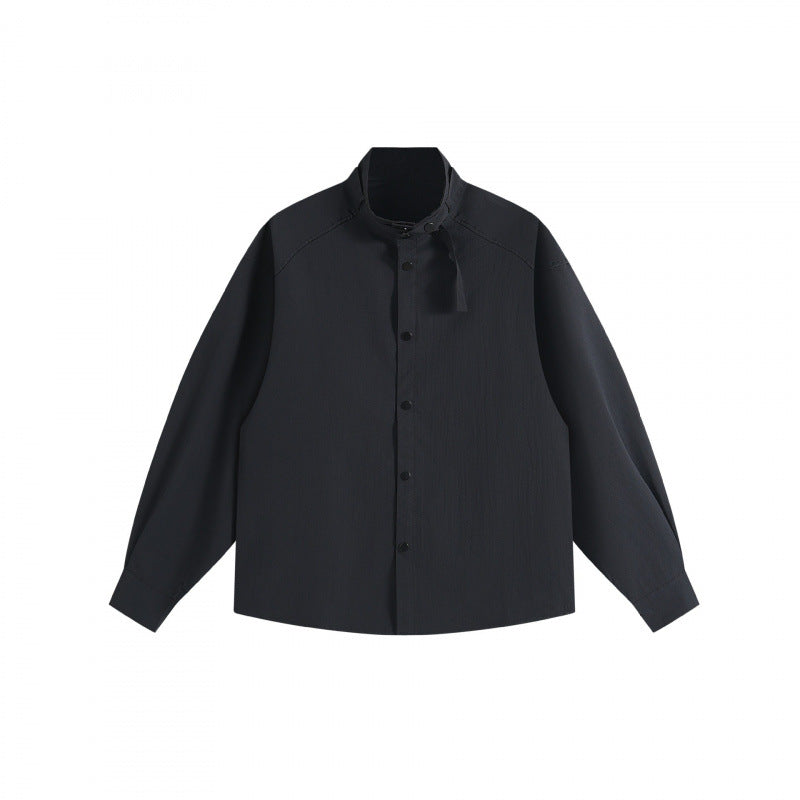 Unisex Boxy Overshirt with Stand Collar, Tie Loop and Snap Button Placket Mune Fashion