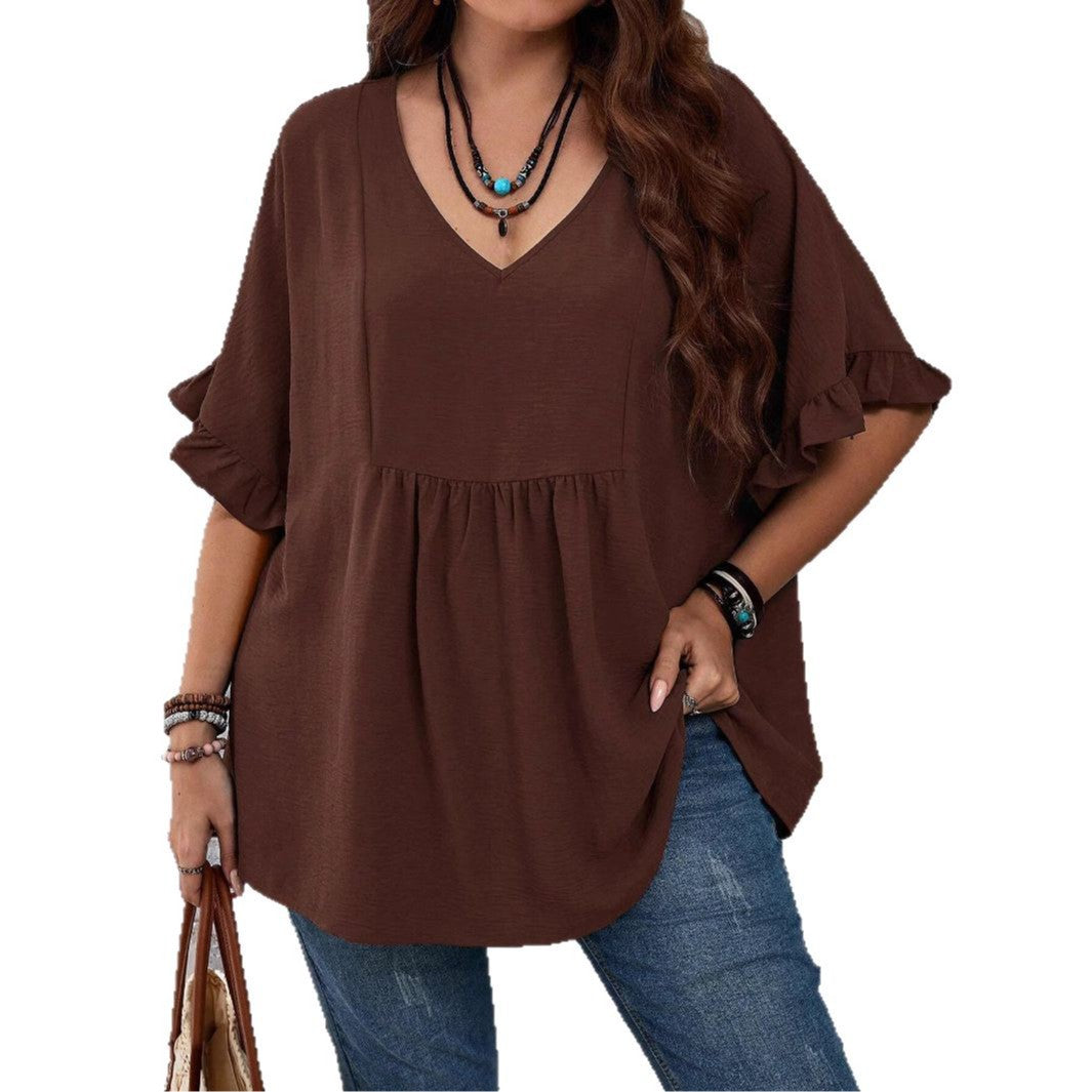 Women's Casual V-Neck Tunic with Gathered Empire Seam and Ruffle Sleeves Mune Fashion