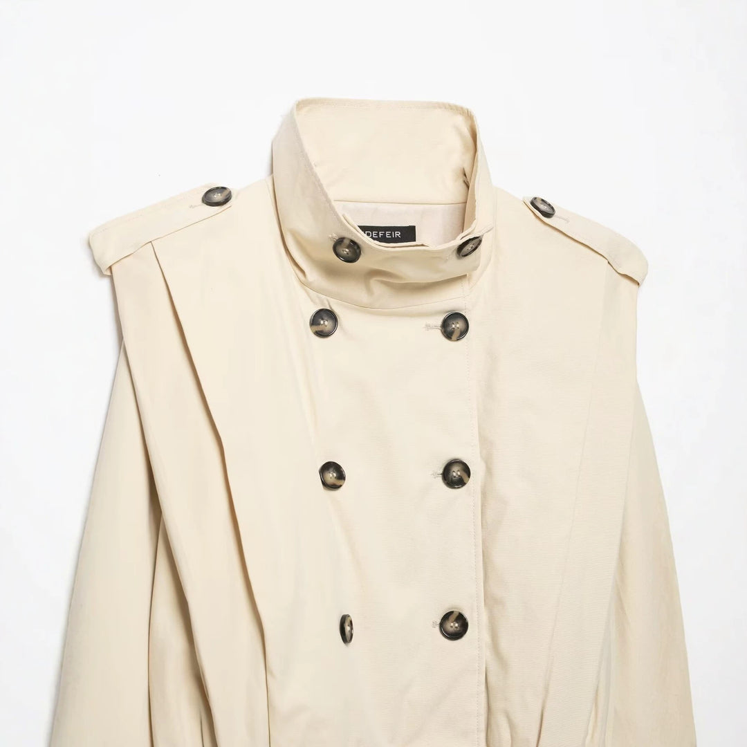 Women's Cropped Trench Coat in Cape Look with Double-Breasted Button Placket and High Stand Collar Mune Fashion