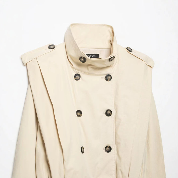 Women's Cropped Trench Coat in Cape Look with Double-Breasted Button Placket and High Stand Collar Mune Fashion