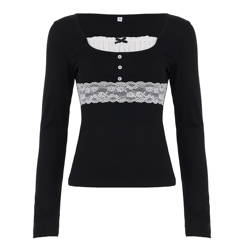 Women Long Sleeve Rib Shirt with Sewn-in Lace Trim, Carmen Neckline and Decorative Button Placket Mune Fashion