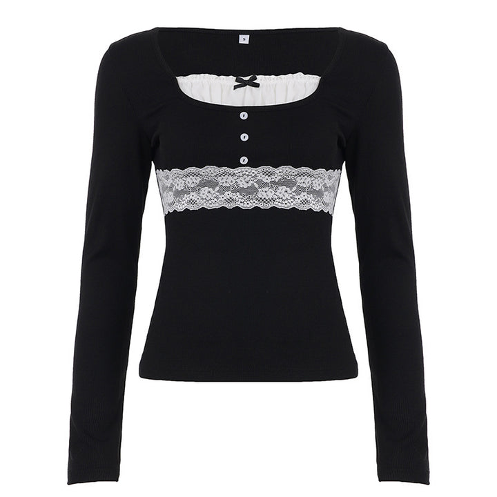 Women Long Sleeve Rib Shirt with Sewn-in Lace Trim, Carmen Neckline and Decorative Button Placket Mune Fashion