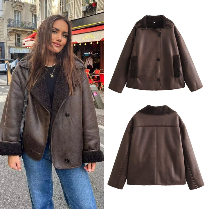 Women's nan Oversize lambskin imitation faux leather jacket with sherpa collar and pockets Mune Fashion