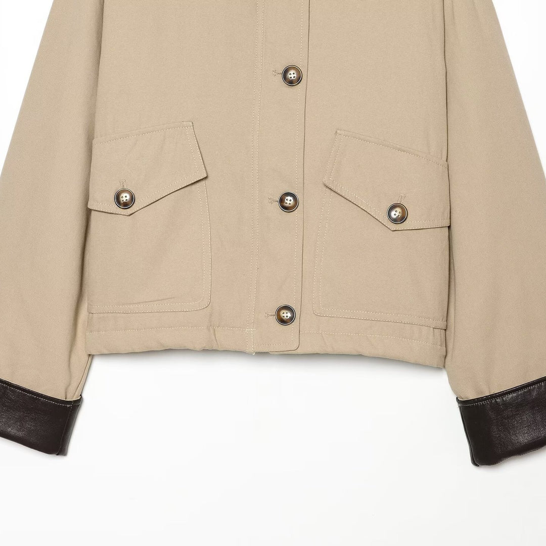 Women's Short Jacket with Contrasted Leather Collar and Cuffed Sleeves Mune Fashion