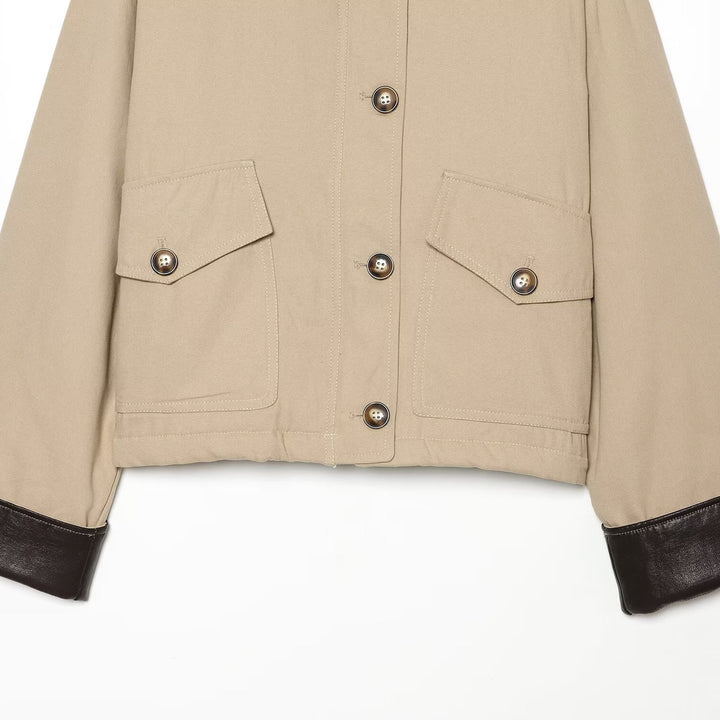 Women's Short Jacket with Contrasted Leather Collar and Cuffed Sleeves Mune Fashion