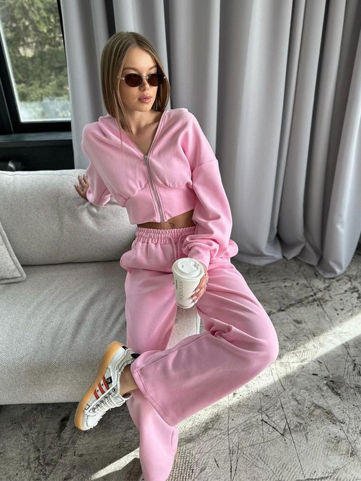 Women's two-piece cropped hoodie set with wide waistband pants cut and fitted zip Mune Fashion