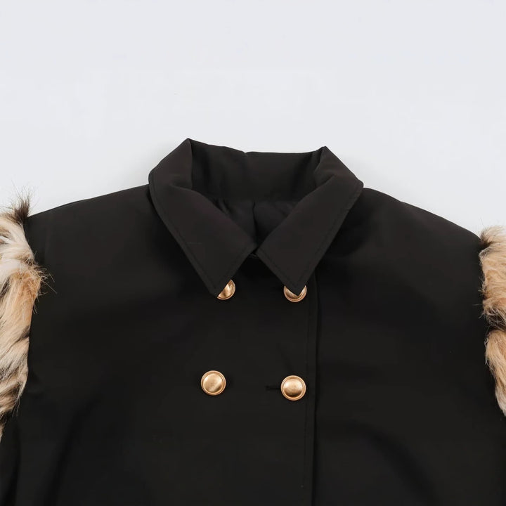 Women's Double-Breasted Short Jacket with Faux Fur Sleeves Mune Fashion