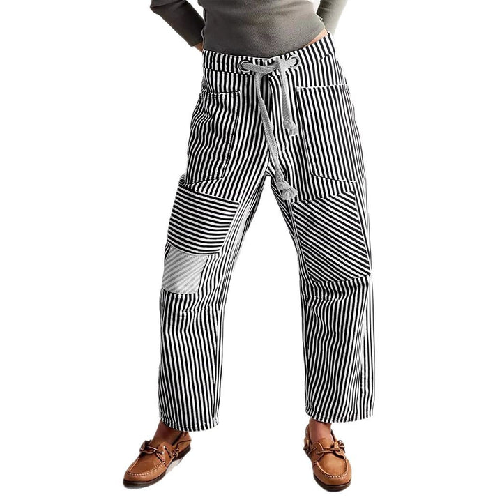 Women casual striped linen pants with drawstring and patch pockets Mune Fashion