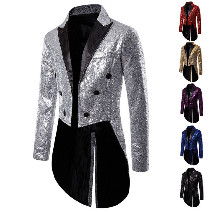 Men's glittered tailcoat with pointed satin lapels, double-breasted and extended swallowtail Mune Fashion