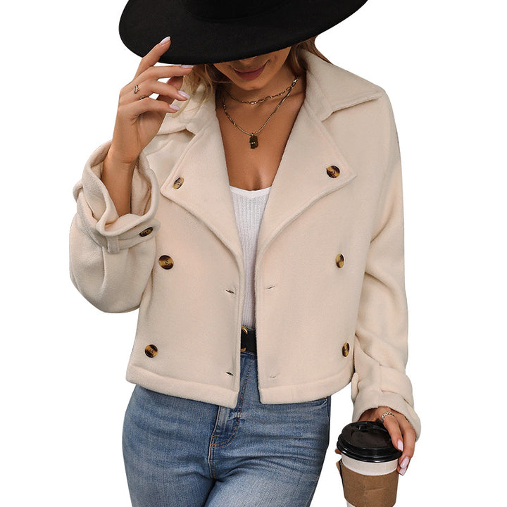 Women's Short Cut Double-Breasted Fleece Jacket with Notched Collar Mune Fashion
