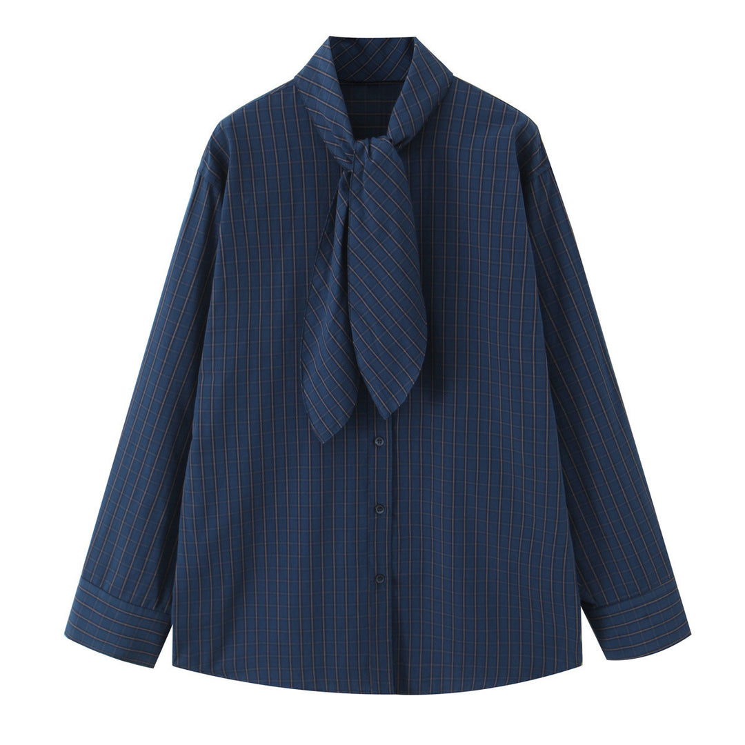 Women Plaid Blouse Shirt with Bow and Loose Fit Mune Fashion
