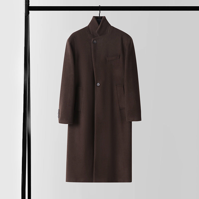 Men's Tailored Wool Blend Long Coat with Shawl Collar and One Button Closure Mune Fashion
