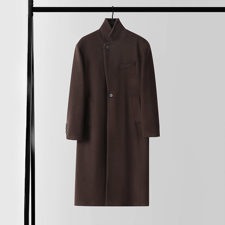 Men's Tailored Wool Blend Long Coat with Shawl Collar and One Button Closure Mune Fashion