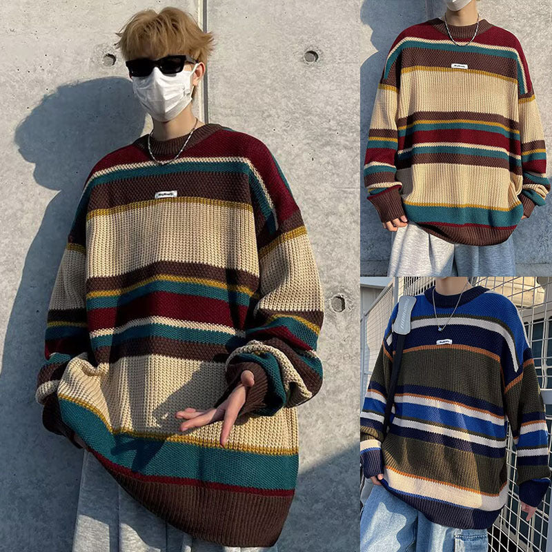 Men's Casual Chunky Knit Sweater with Colorful Stripe Pattern Mune Fashion