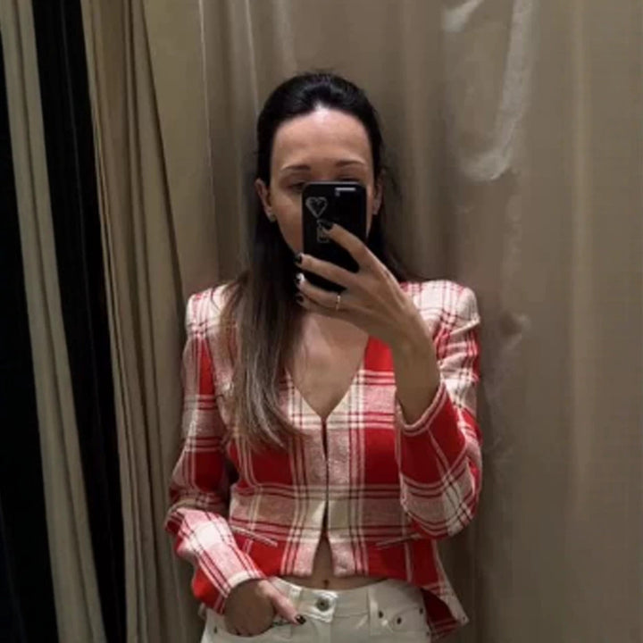 Women's Short Cut Tailored Check Blazer with Deep V-Neck and Flap Pockets Mune Fashion