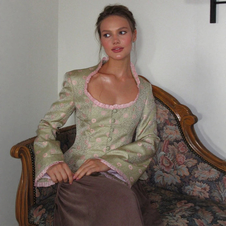 Women's Short-Cut Brocade Bustier with Corset Silhouette, Heart-Shaped Neckline & Decorative Button Placket Mune Fashion