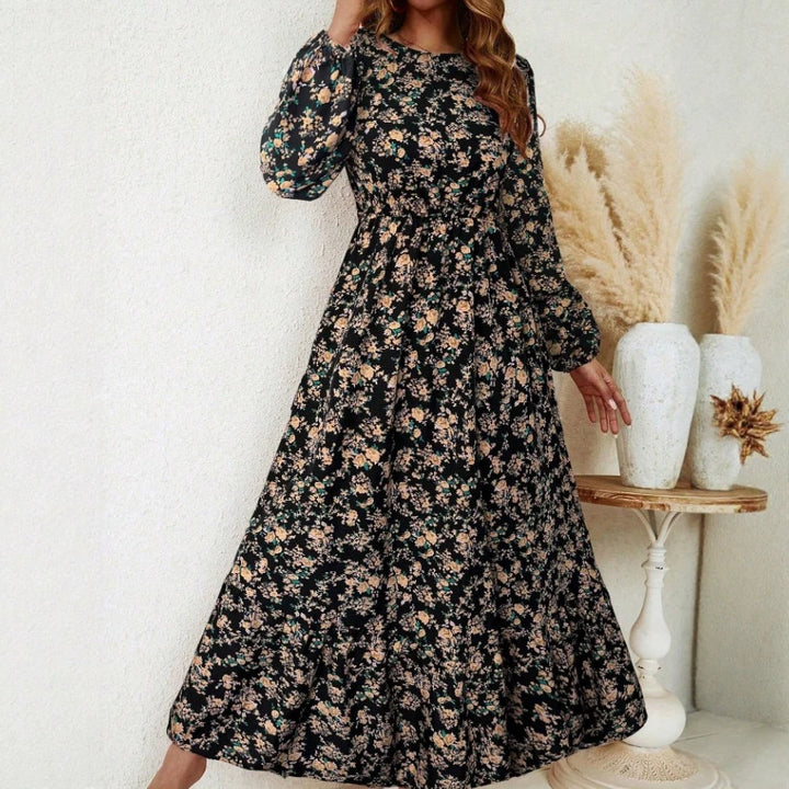 Women's Floral Midi Dress with Elastic Waistband, Long Balloon Sleeves and Ruffle Tier