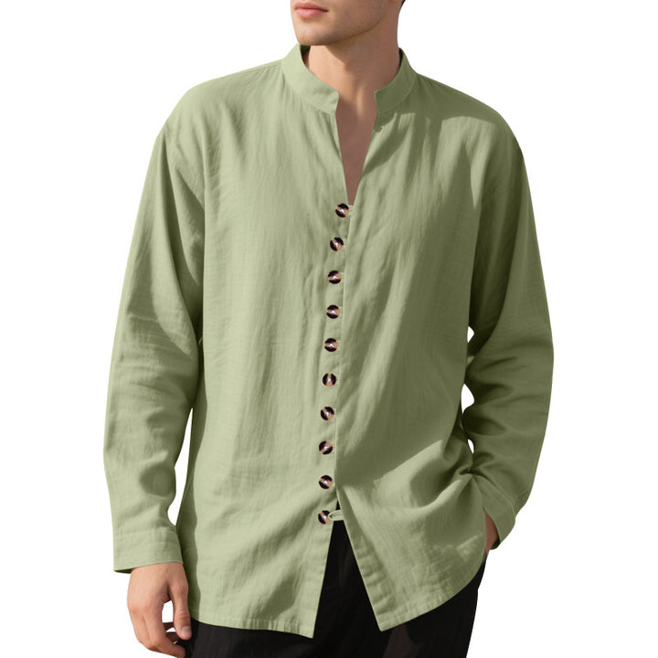 Men's casual linen shirt with Mandarin collar, continuous decorative button placket and roll-up sleeves Mune Fashion