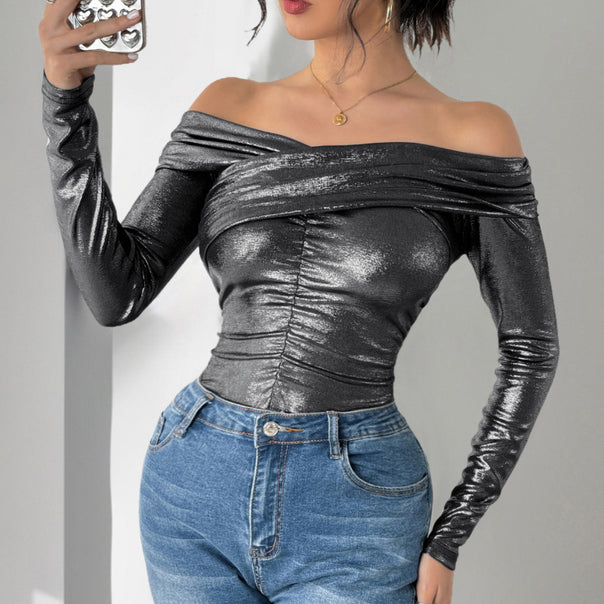 Women's Off-Shoulder, Shiny Metallic Bodysuit with Center Gathering & Fitted Fit Mune Fashion