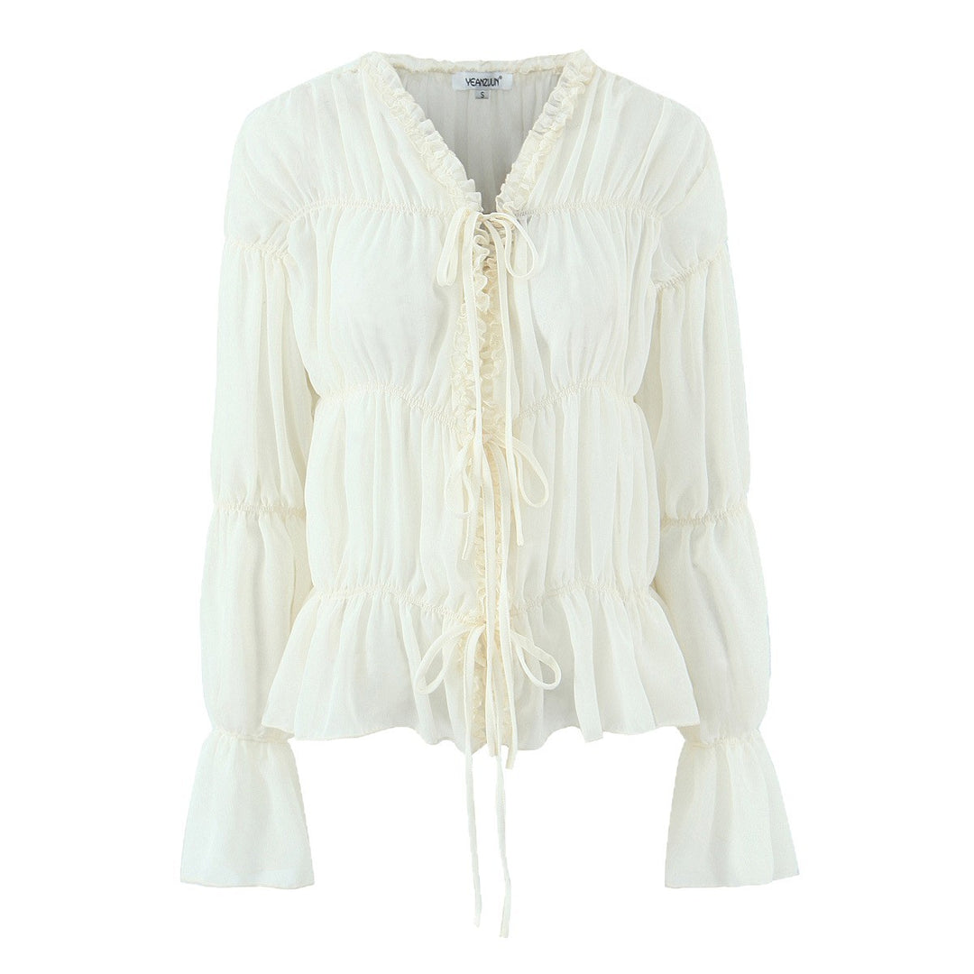 Women's Transparent Chiffon Blouse with Ruffle Ties, Tiered Cut and Waist Gathering Mune Fashion