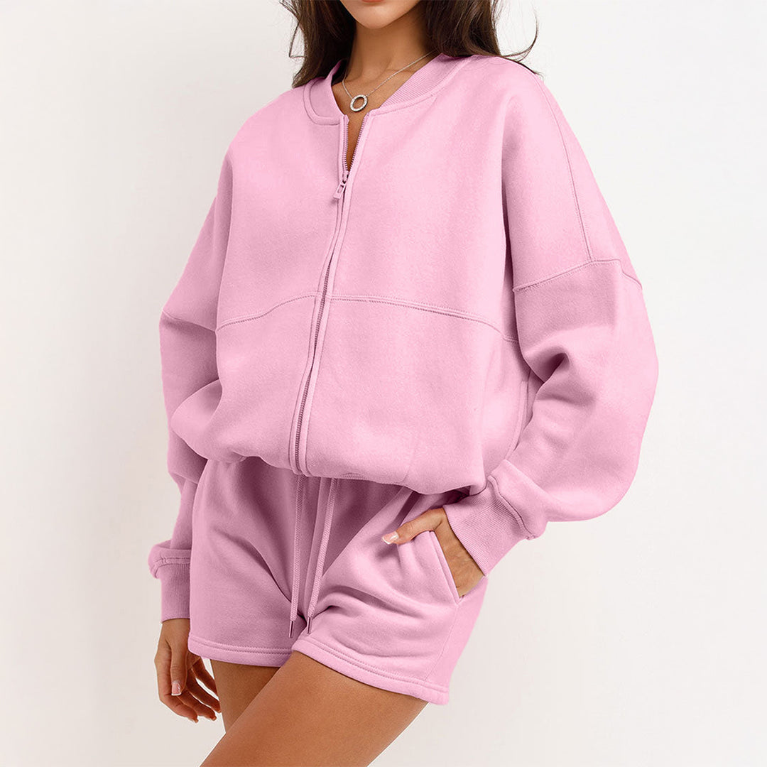 Women's two-piece sweat set with oversized zip-up jacket and elastic high-waist shorts Mune Fashion
