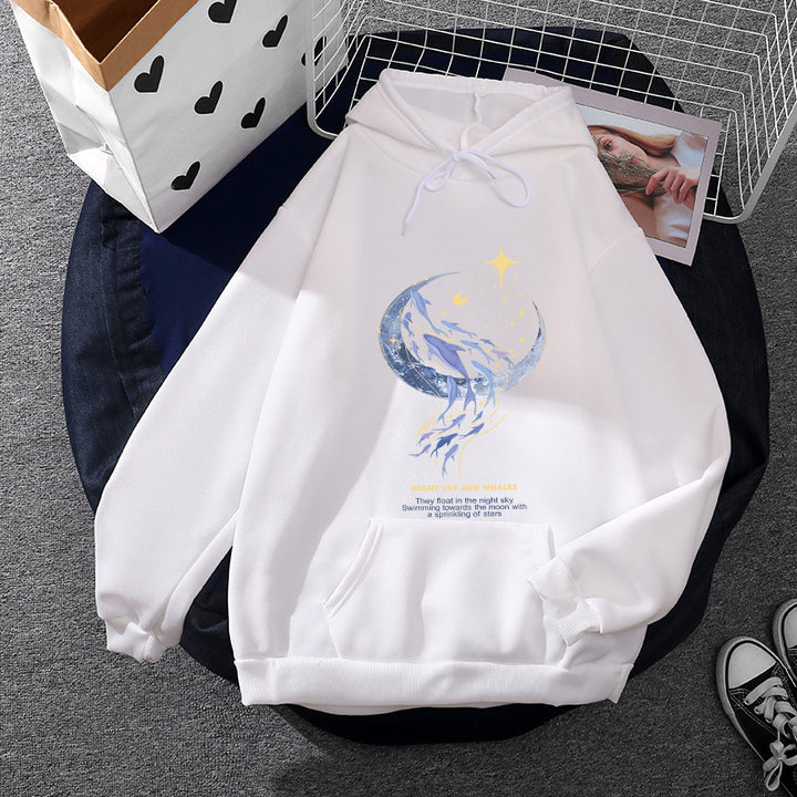 Women's hooded sweatshirt with moon and whale illustration, oversized cut and kangaroo pocket Mune Fashion
