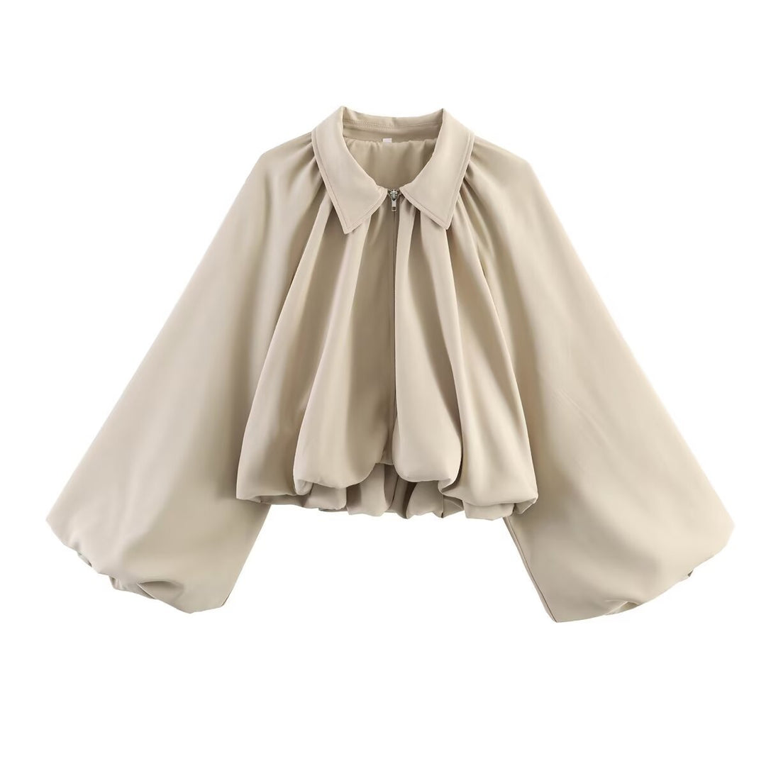 Women Cropped Blouse Jacket with Shirt Collar, Gathered Yoke and Wide Volume Sleeve Mune Fashion