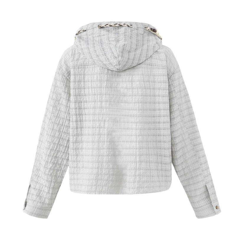 Women Lightweight Hooded Blouson Jacket made of textured cotton blend with button placket and decorative cord Mune Fashion